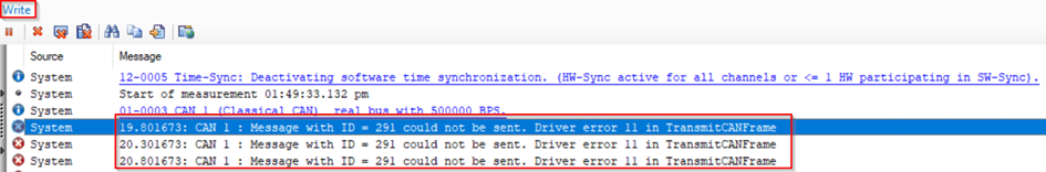 Message could not be sent. Driver error 11 in TransmitCANFrame "XL_ERR ...