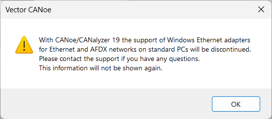 CANoe/CANalyzerが警告を表示：Windowsイーサネット・アダプター