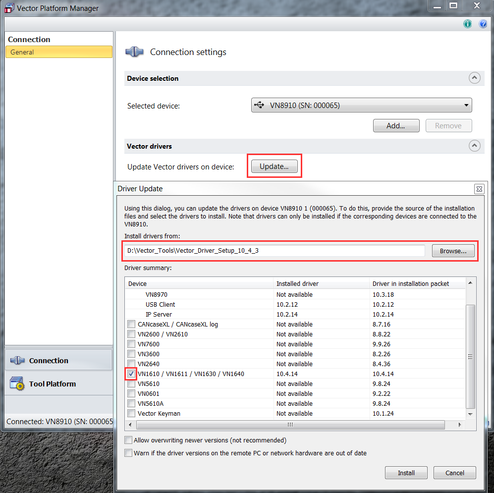  installing drivers on vn8910 a using the vector platform manager 2 3